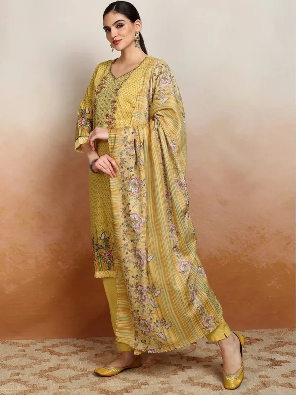 Vishudh Women Yellow Embroidered Kurta With Trousers And Dupatta