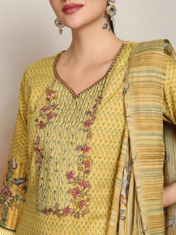 Vishudh Women Yellow Embroidered Kurta With Trousers And Dupatta