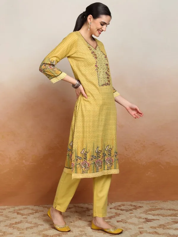 Vishudh Women Yellow Embroidered Kurta With Trousers And Dupatta