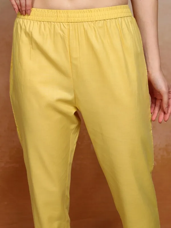 Vishudh Women Yellow Embroidered Kurta With Trousers And Dupatta