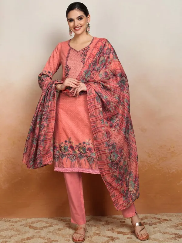 Vishudh Women Peach Embroidered Kurta With Trousers And Dupatta
