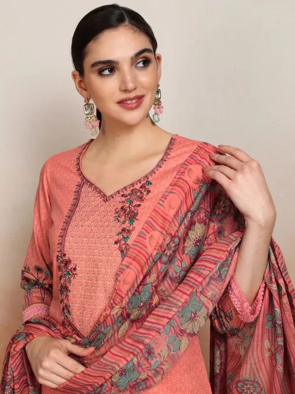 Vishudh Women Peach Embroidered Kurta With Trousers And Dupatta