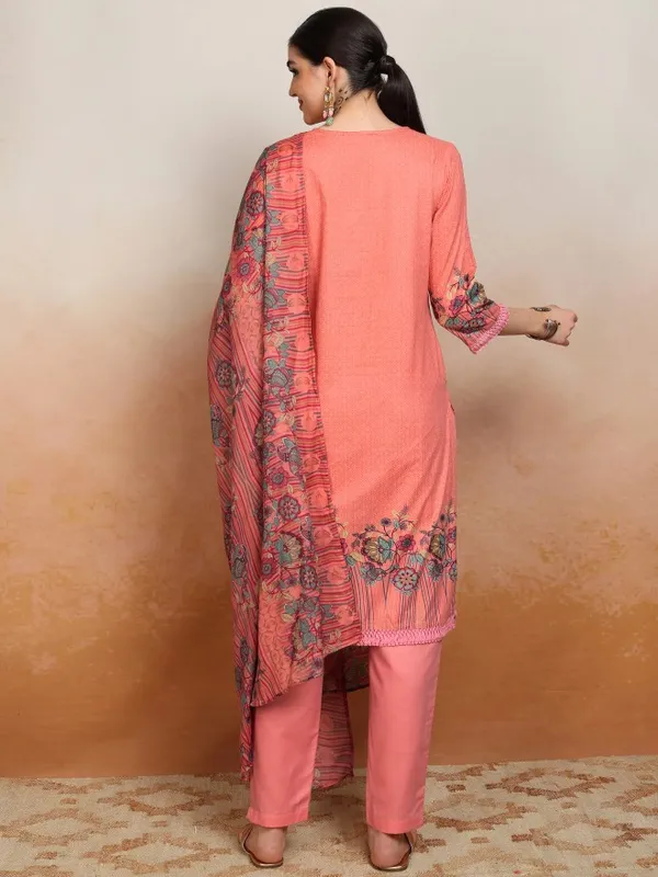 Vishudh Women Peach Embroidered Kurta With Trousers And Dupatta