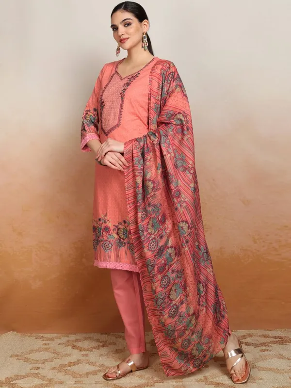 Vishudh Women Peach Embroidered Kurta With Trousers And Dupatta