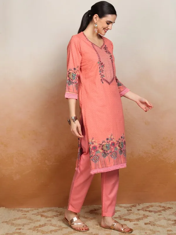 Vishudh Women Peach Embroidered Kurta With Trousers And Dupatta