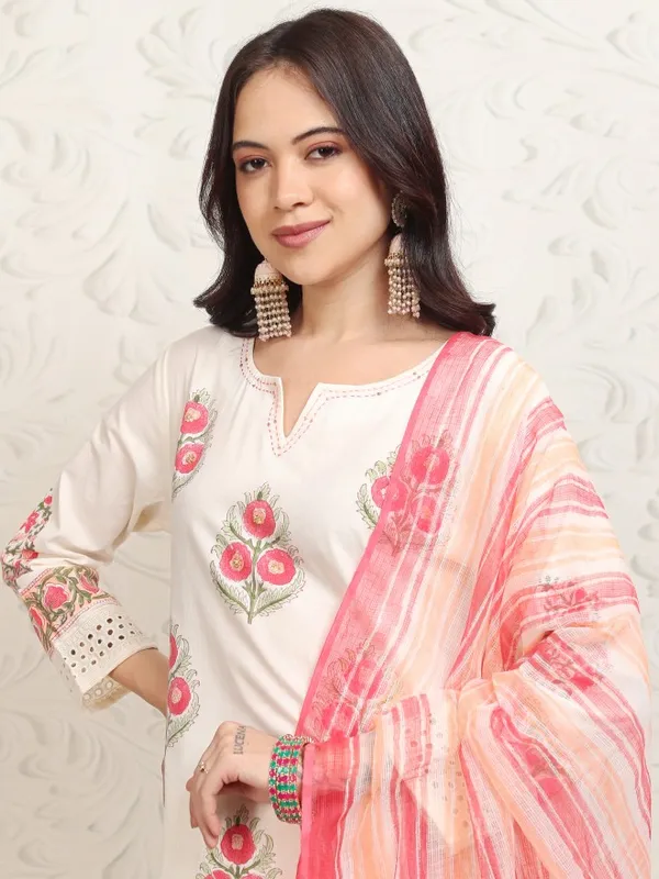 Vishudh Women White Printed Kurta With Trousers And Dupatta