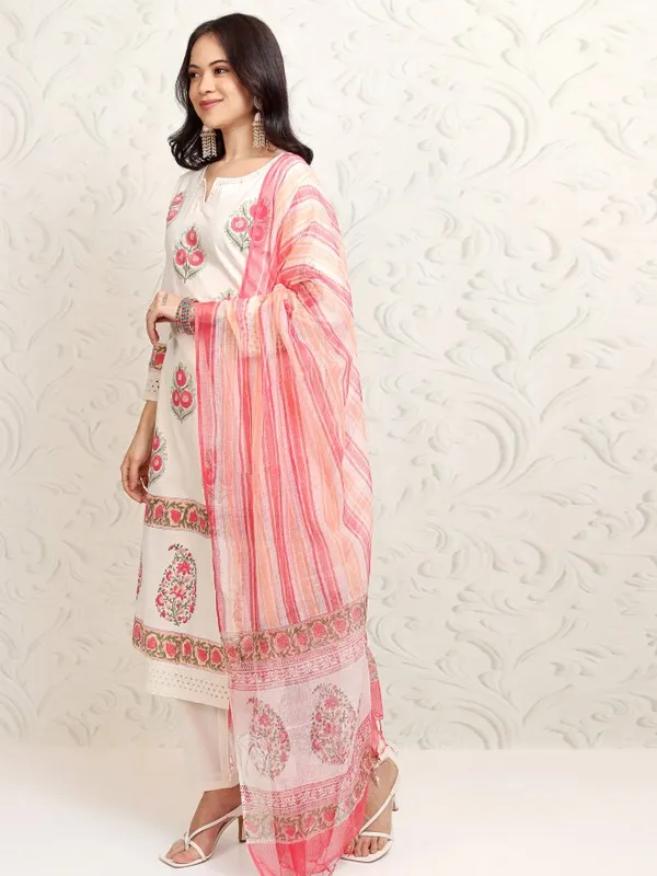 Vishudh Women White Printed Kurta With Trousers And Dupatta