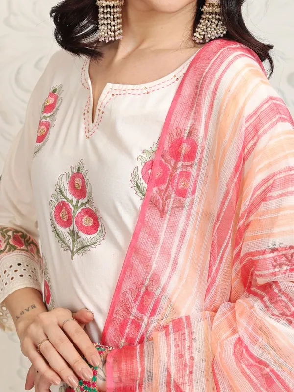 Vishudh Women White Printed Kurta With Trousers And Dupatta