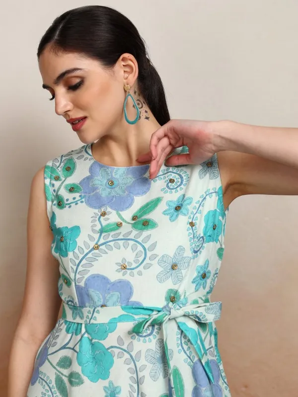 Vishudh Women Blue Printed A-Line Dress