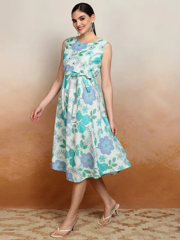 Vishudh Women Blue Printed A-Line Dress