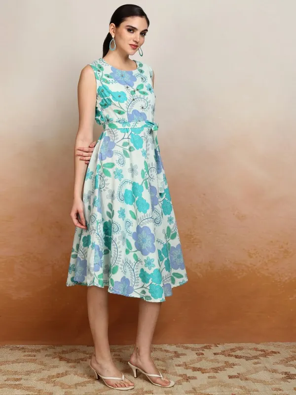 Vishudh Women Blue Printed A-Line Dress