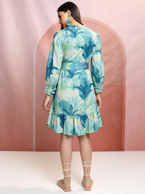 Vishudh Women Blue Printed Drop-Waist Dress