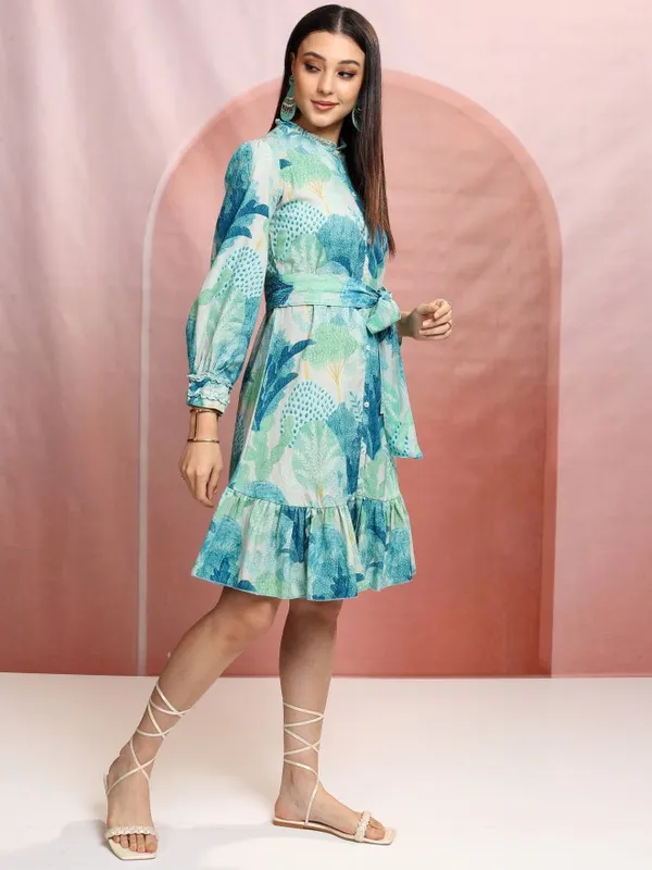 Vishudh Women Blue Printed Drop-Waist Dress