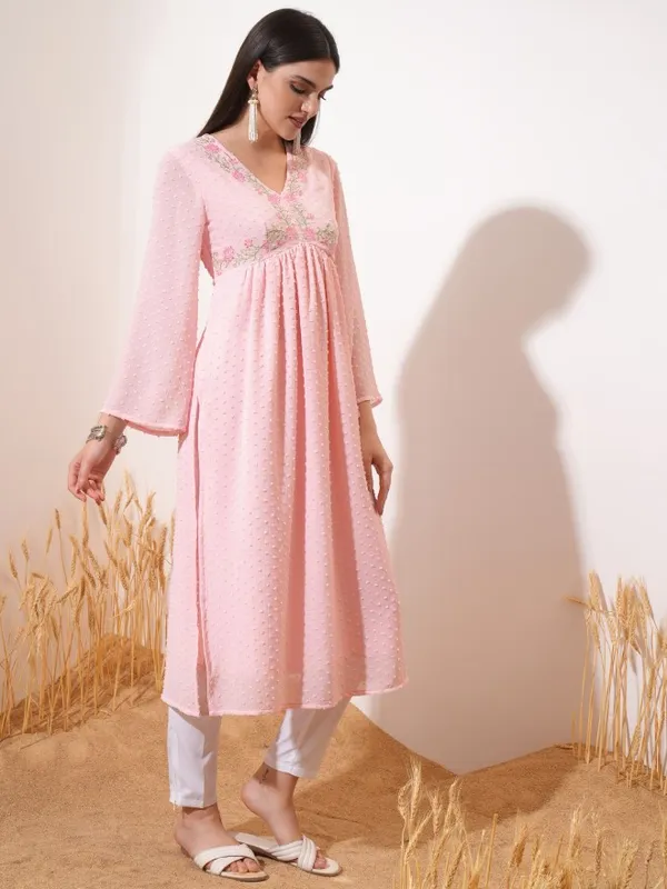 Vishudh Women Pink Embroidered A-Line Kurta