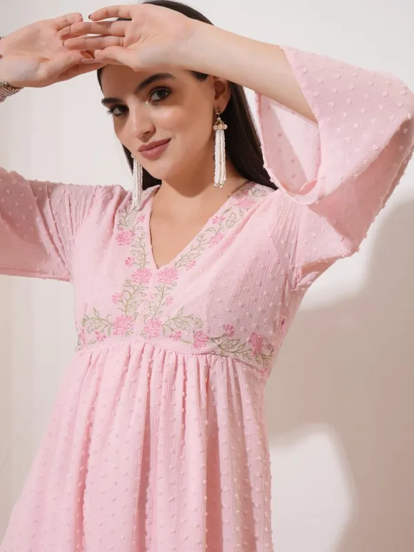 Vishudh Women Pink Embroidered A-Line Kurta