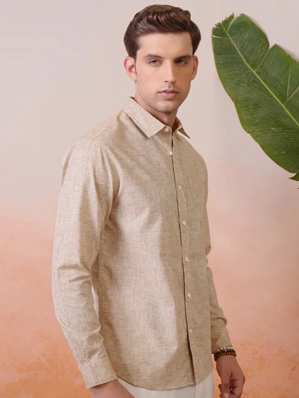 Locomotive Premium Men Khaki Solid Relaxed Shirt