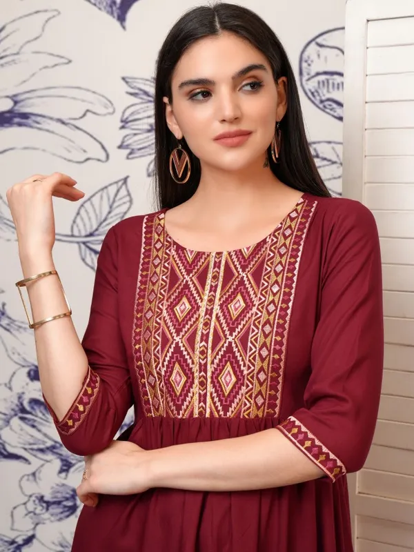 Vishudh Women Maroon Embroidered Fit And Flare Dress