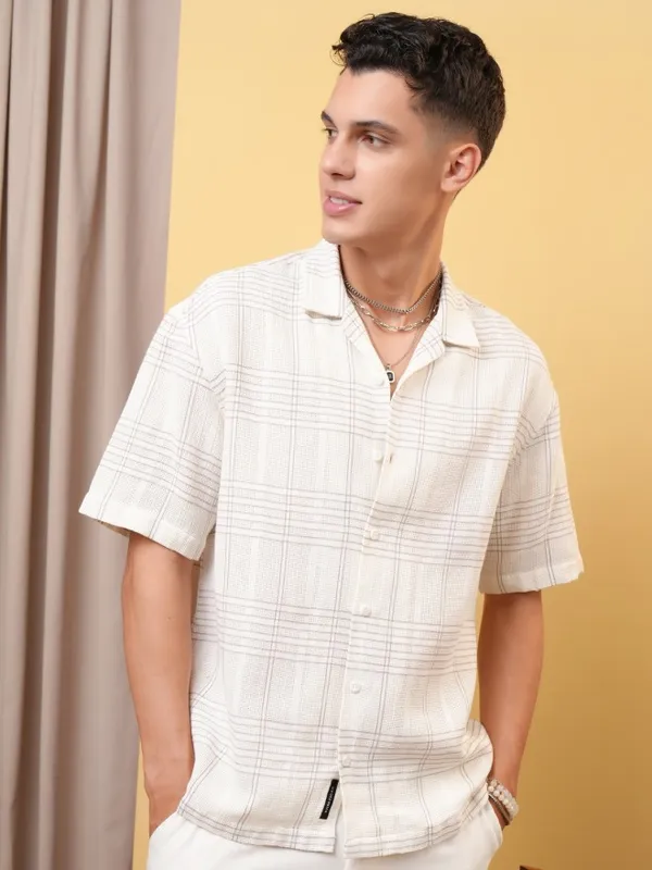 Locomotive Premium Men Dobby Textured Checked Cuban Collar Oversized Shirt