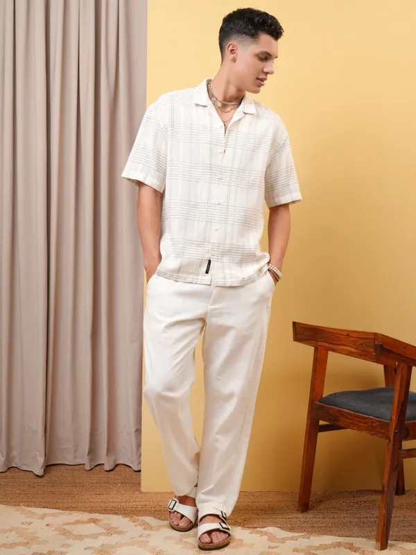 Locomotive Premium Men Dobby Textured Checked Cuban Collar Oversized Shirt
