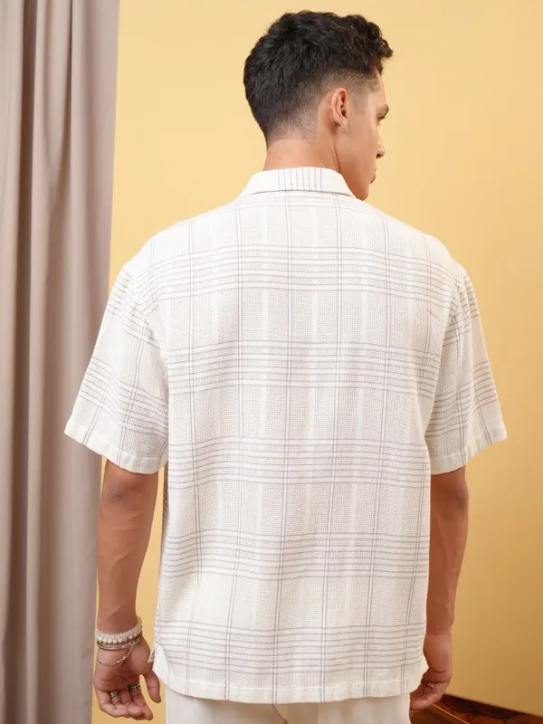 Locomotive Premium Men Dobby Textured Checked Cuban Collar Oversized Shirt