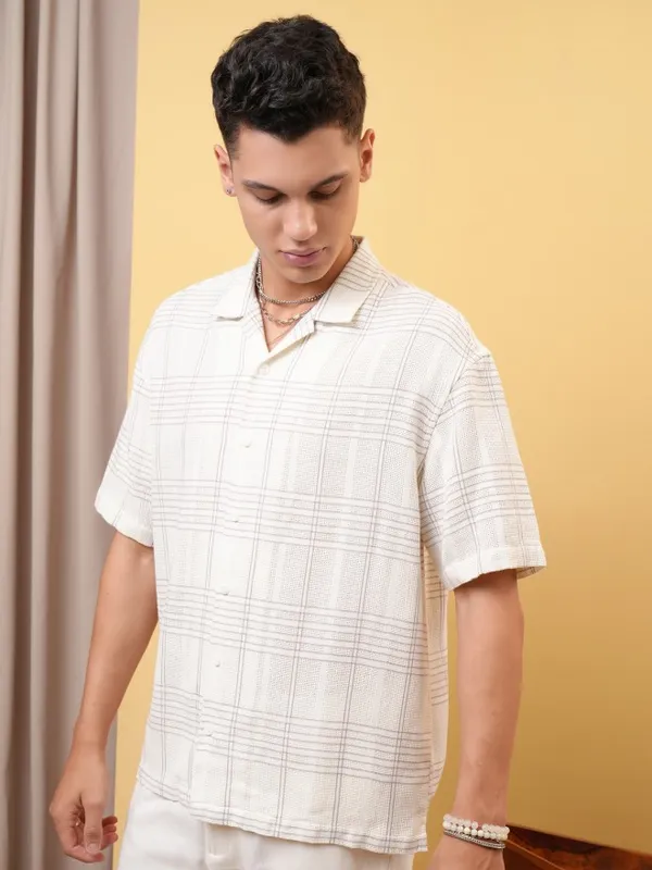 Locomotive Premium Men Dobby Textured Checked Cuban Collar Oversized Shirt