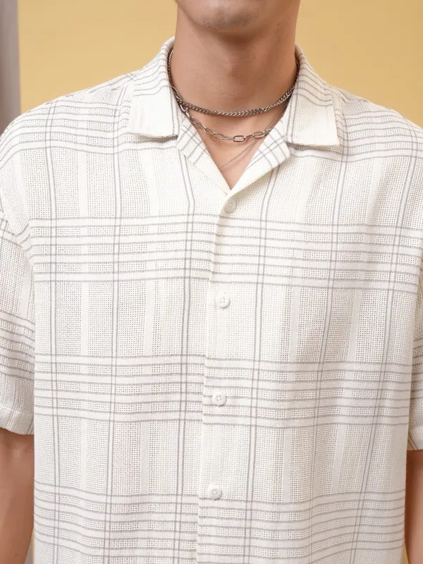 Locomotive Premium Men Dobby Textured Checked Cuban Collar Oversized Shirt