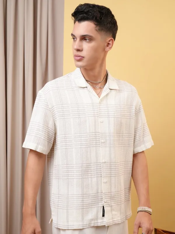 Locomotive Premium Men Dobby Textured Checked Cuban Collar Oversized Shirt