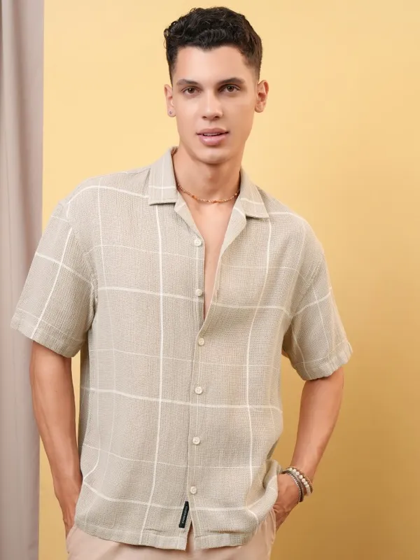 Locomotive Premium Men Dobby Textured Checked Cuban Collar Oversized Shirt
