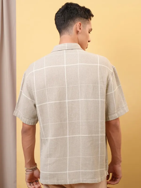 Locomotive Premium Men Dobby Textured Checked Cuban Collar Oversized Shirt