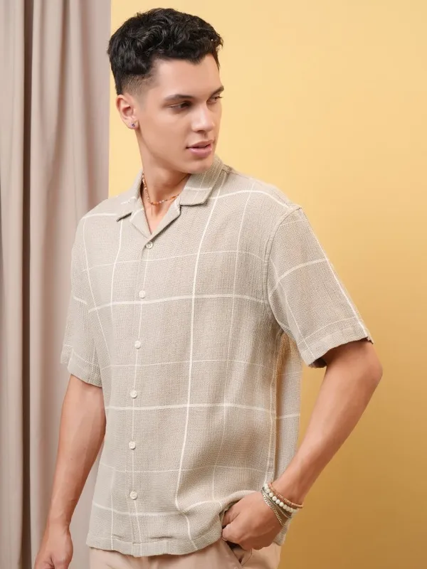 Locomotive Premium Men Dobby Textured Checked Cuban Collar Oversized Shirt