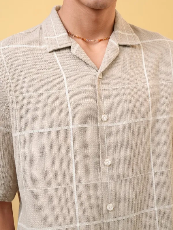 Locomotive Premium Men Dobby Textured Checked Cuban Collar Oversized Shirt