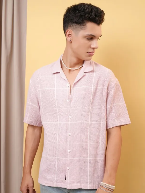 Locomotive Premium Men Dobby Textured Checked Cuban Collar Oversized Shirt