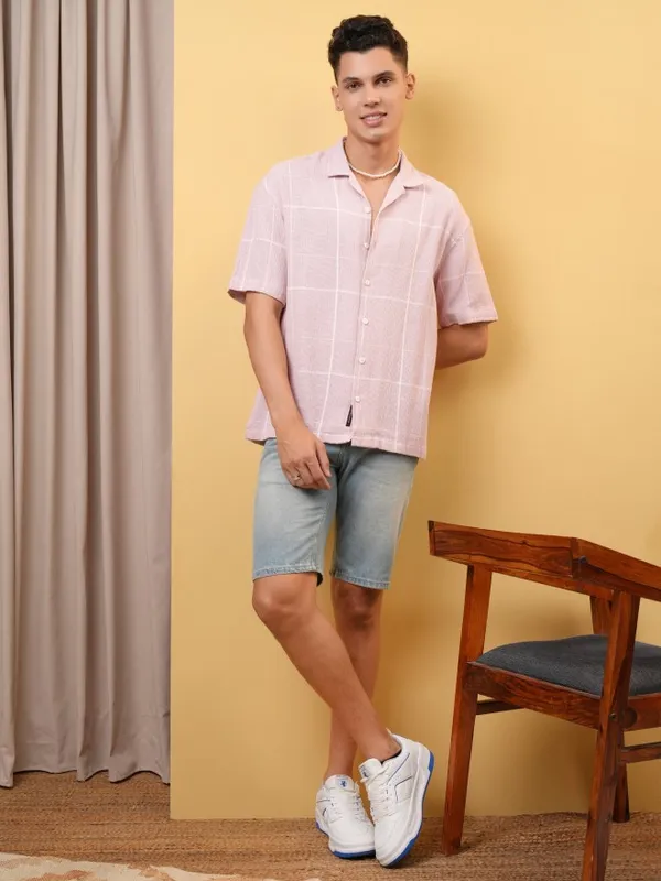 Locomotive Premium Men Dobby Textured Checked Cuban Collar Oversized Shirt