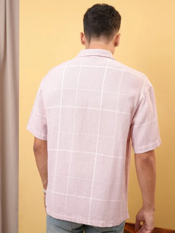 Locomotive Premium Men Dobby Textured Checked Cuban Collar Oversized Shirt