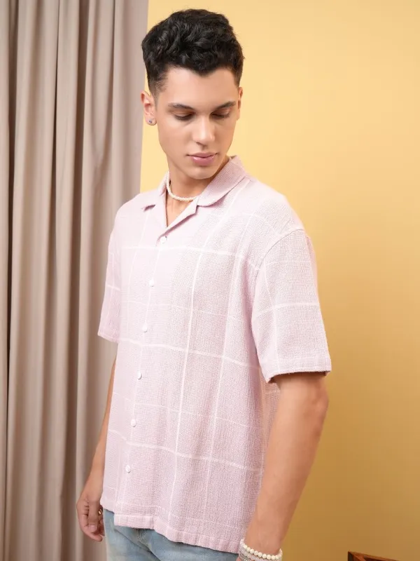 Locomotive Premium Men Dobby Textured Checked Cuban Collar Oversized Shirt