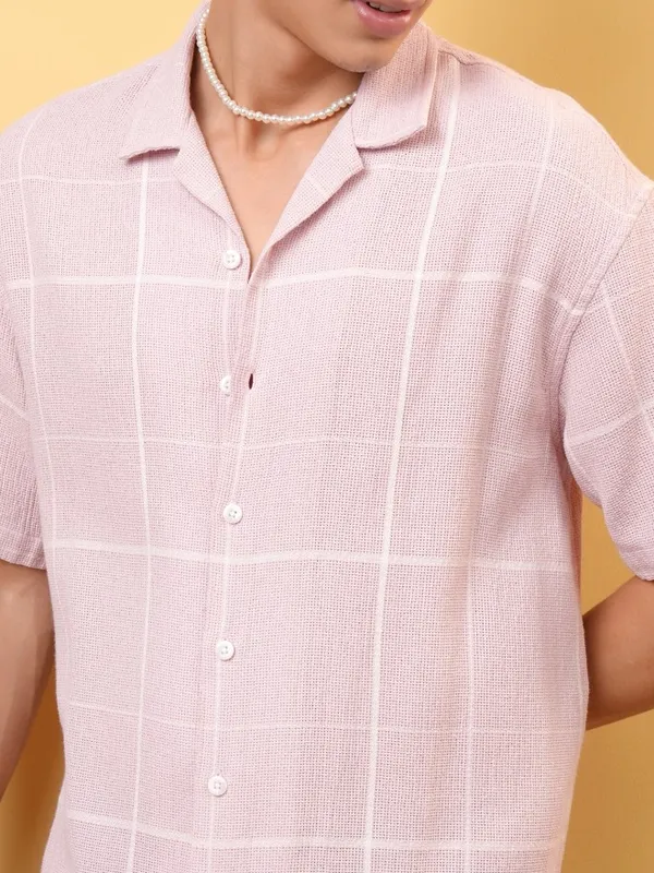 Locomotive Premium Men Dobby Textured Checked Cuban Collar Oversized Shirt