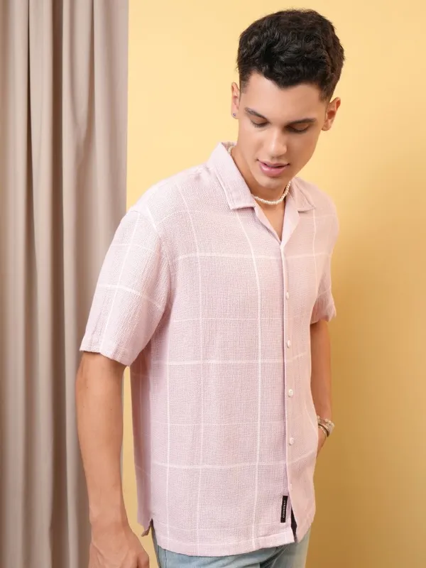 Locomotive Premium Men Dobby Textured Checked Cuban Collar Oversized Shirt