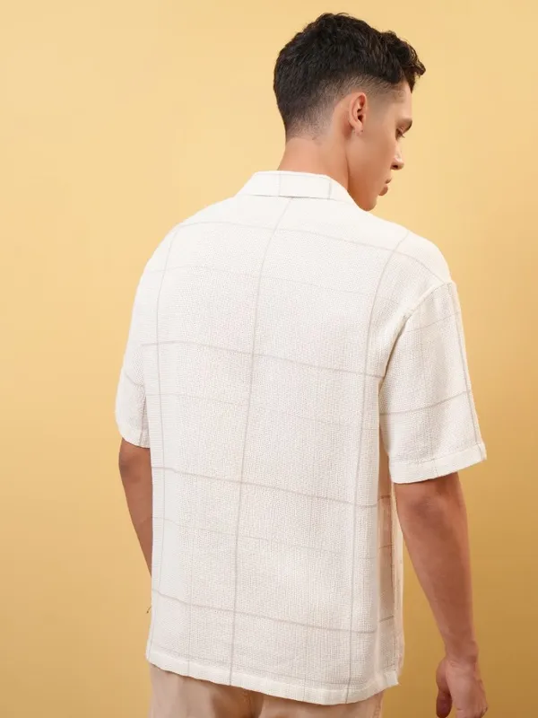 Locomotive Premium Men Dobby Textured Checked Cuban Collar Oversized Shirt