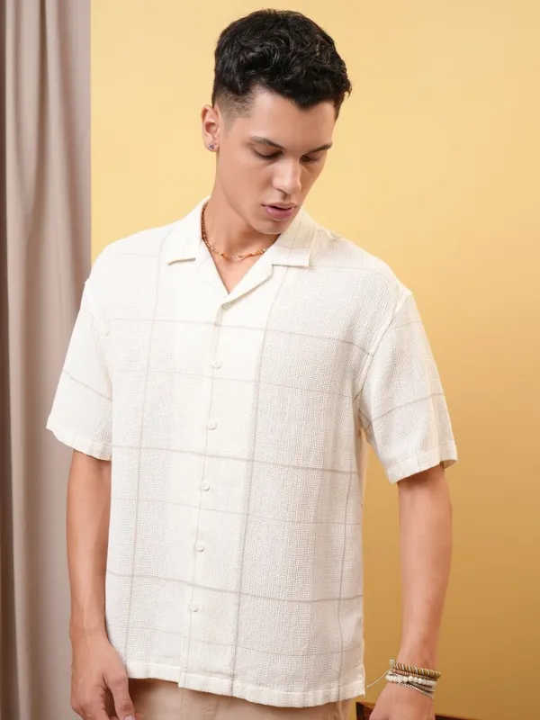 Locomotive Premium Men Dobby Textured Checked Cuban Collar Oversized Shirt