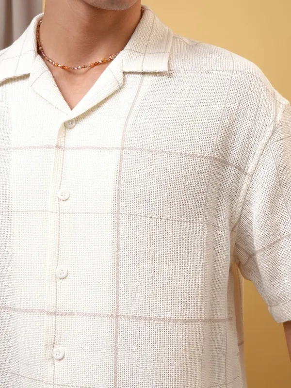 Locomotive Premium Men Dobby Textured Checked Cuban Collar Oversized Shirt