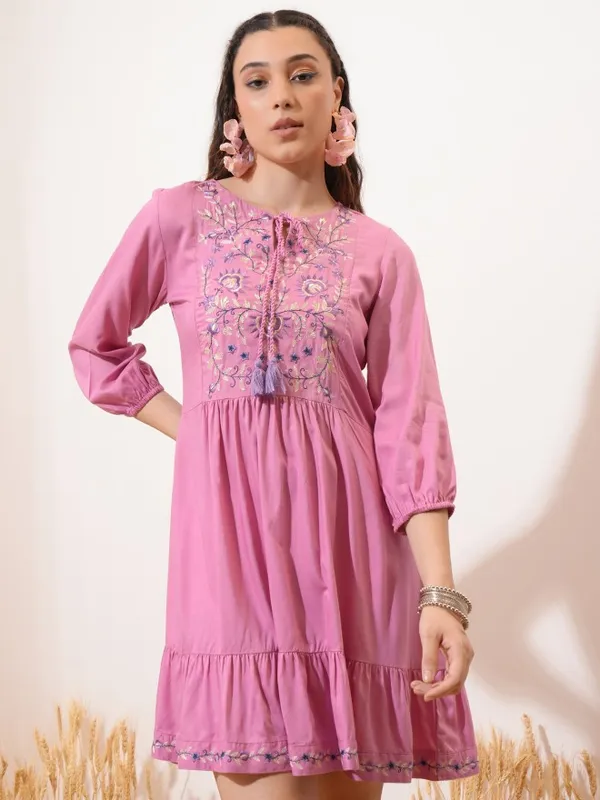 Vishudh Women Pink Embroidered Fit and Flare Dress