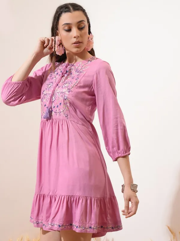 Vishudh Women Pink Embroidered Fit and Flare Dress