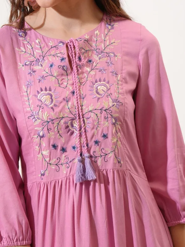 Vishudh Women Pink Embroidered Fit and Flare Dress