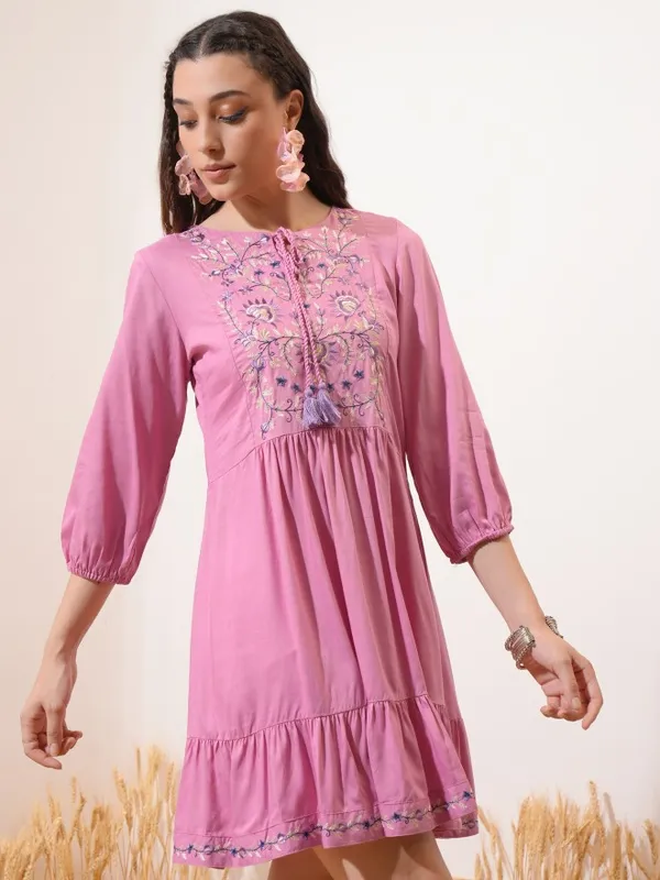 Vishudh Women Pink Embroidered Fit and Flare Dress