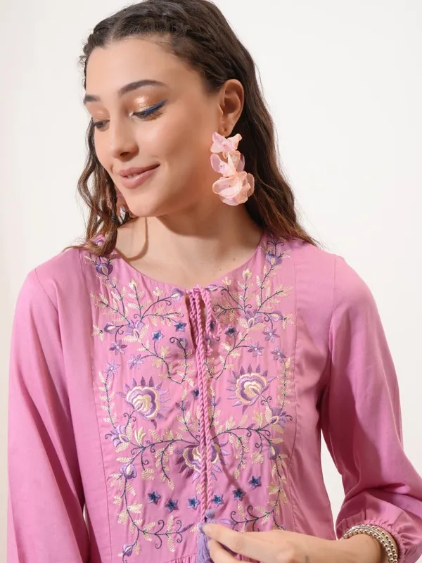 Vishudh Women Pink Embroidered Fit and Flare Dress