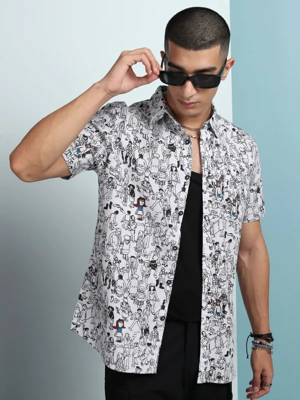 Highlander Men White Printed Slim Fit Casual Shirt