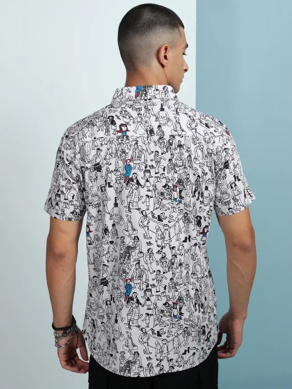 Highlander Men White Printed Slim Fit Casual Shirt