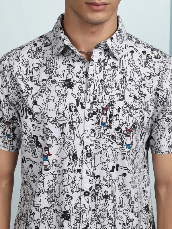 Highlander Men White Printed Slim Fit Casual Shirt