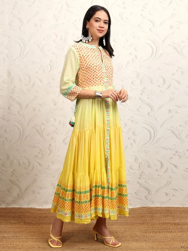 Vishudh Women Mustard Printed A-Line Dress