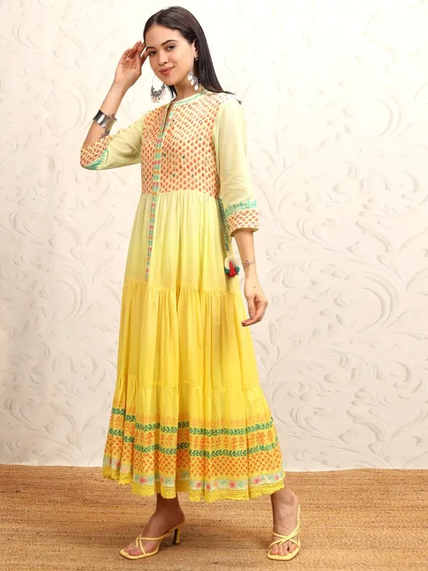 Vishudh Women Mustard Printed A-Line Dress
